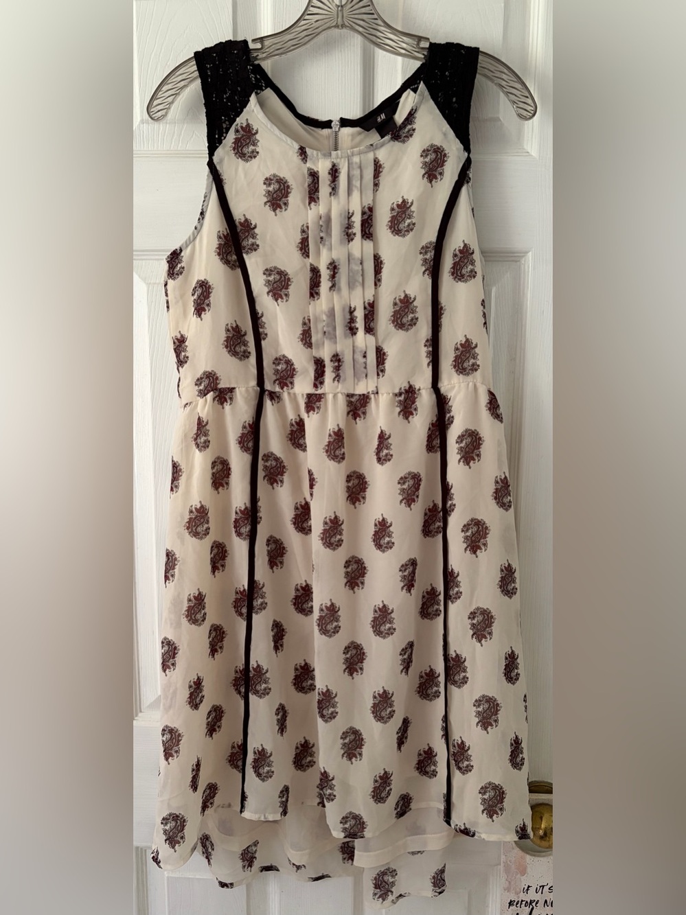H&M Cream Dress with Burgundy Paisley Print and Black Trim
